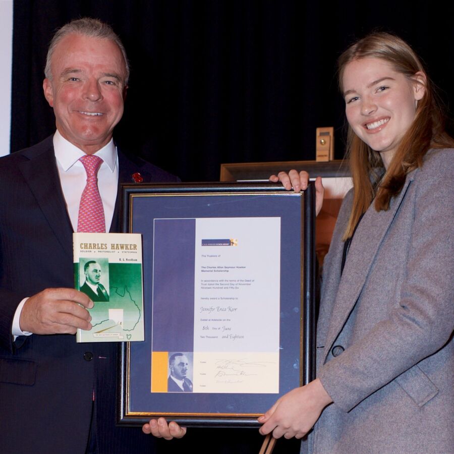 Jennifer Kerr being presented with CAS Hawker Scholarship at the AWM by Brendan Nelson