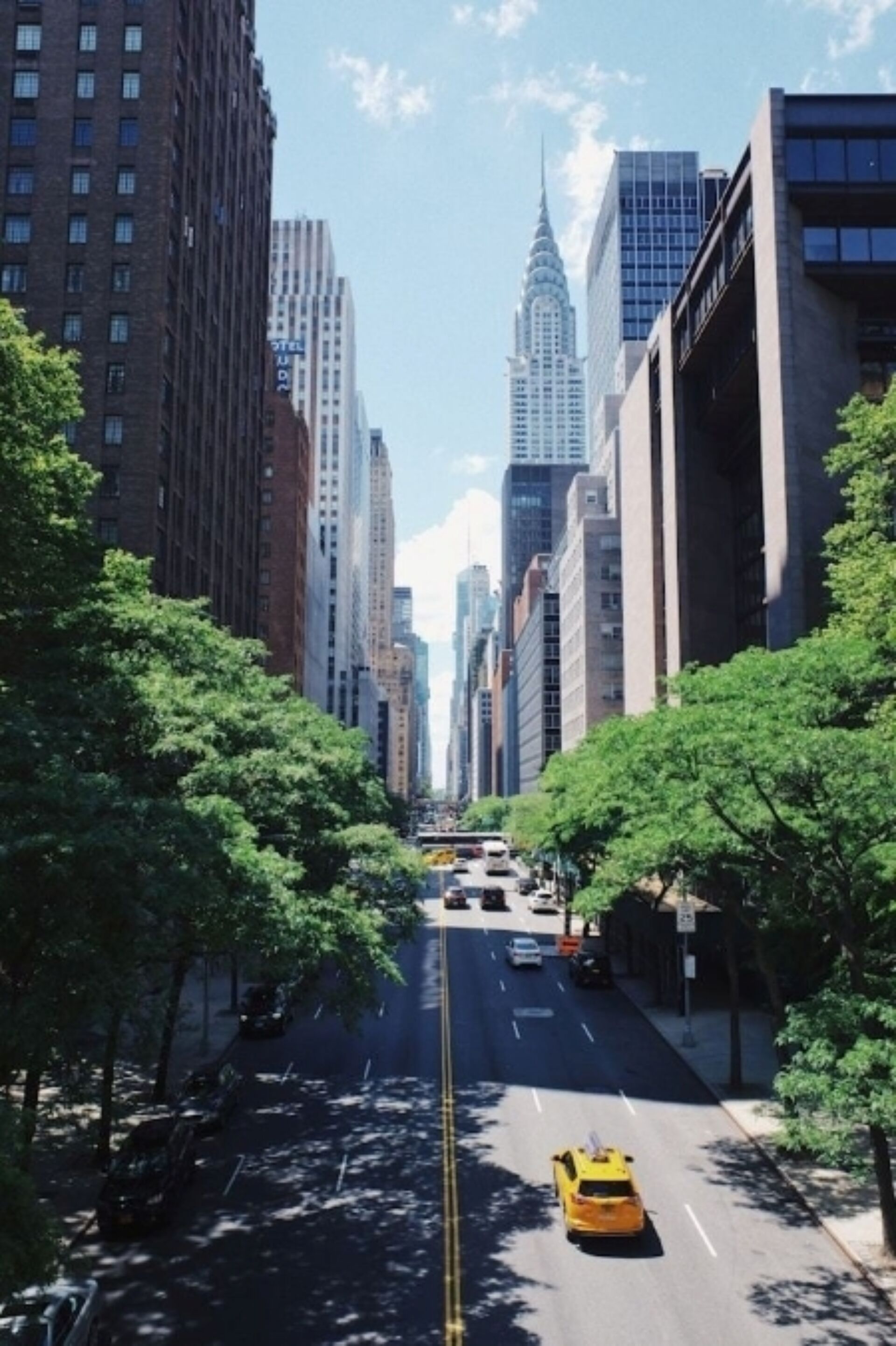 A photograph of a New York city street, with tall buildings on either side, green trees and a yellow cab on the road.