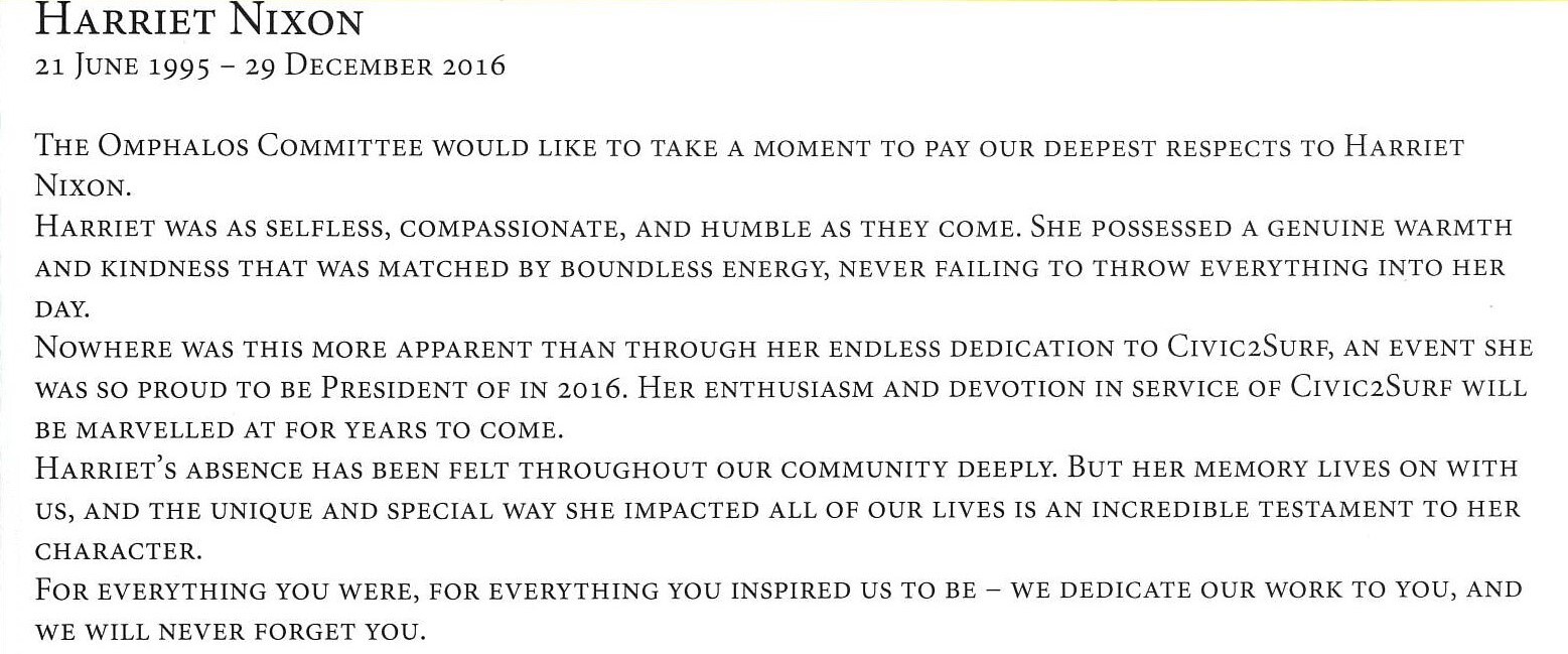 Dedication to Harriet Nixon, Omphalos 2016